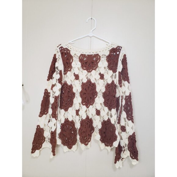 Kings Road Womens L Crochet Top Floral Cream Brown Flare Sleeve Festival Boho - Picture 3 of 7